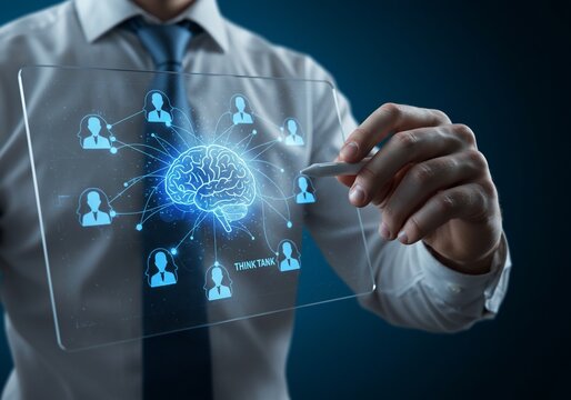 Businessman Interacting with Holographic Think Tank Network - Powered by Adobe