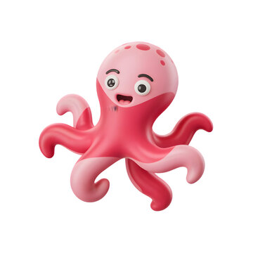 Naklejki Cute pink octopus cartoon isolated on transparent background with cheerful and playful look