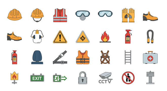 Collection of safety equipment and symbols icons for workplace hazard prevention and emergency response - Powered by Adobe