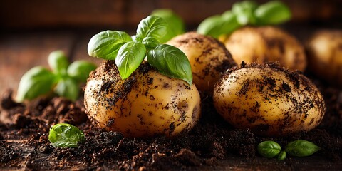 Freshly harvested potatoes with soil and basil leaves top food farm crop life view diet plant tasty.