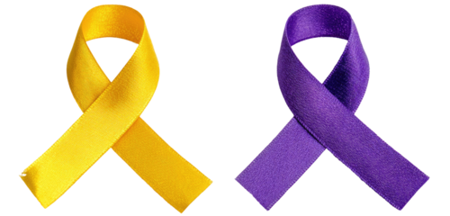 Two awareness ribbons, gold and purple