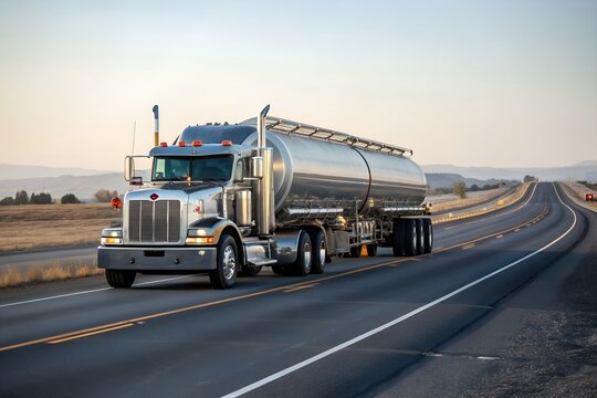Large tanker truck transporting fuel on highway through desert landscape at sunset