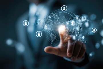 Businessman interacts with a global network