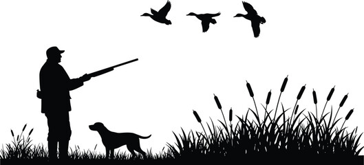 Silhouette of hunter with dog aiming at flying ducks, marsh grass, wetland scene, wildlife hunting illustration, vector design, outdoor forest nature background