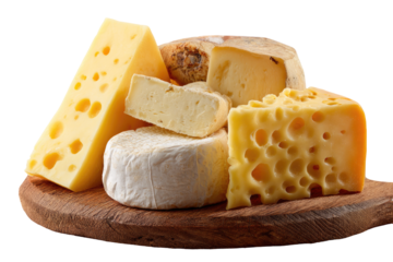 Assorted cheeses on a wooden board