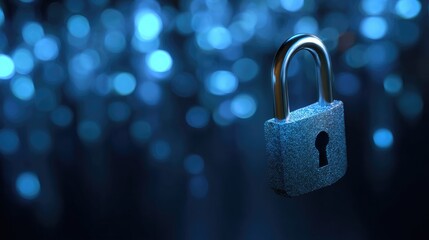 Metal padlock on dark blue bokeh background