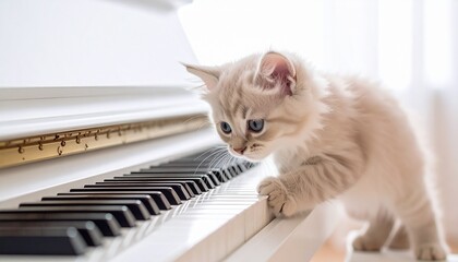 ピアノをのぞき込む子猫