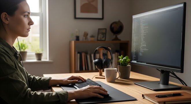 woman working, laptop, coffee shop, freelancer, remote work, digital nomad, cozy café, modern lifestyle, casual fashion, creative workspace, smiling woman, productivity, online business, student study