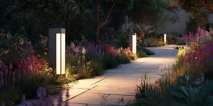 Illuminated pathway at dusk with modern bollard lights surrounded by flowers and greenery in a park.