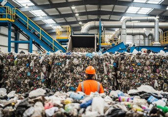 Recycling plant worker assesses bales of waste materials for sorting and processing in a modern facility during daylight hours