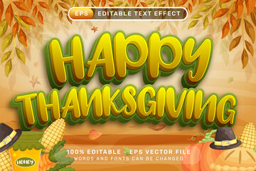 Happy Thanksgiving Editable Text Effect with Autumn Leaves and Harvest Elements Vector