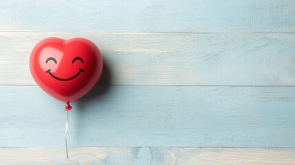 Smiling red heart balloon on wood floor
