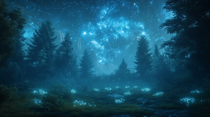 Obraz premium Starry Night Sky over a Magical Forest Landscape