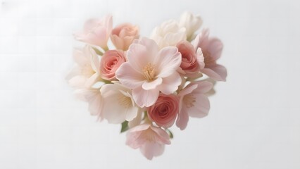 Heart-shaped arrangement of soft pink and white flowers