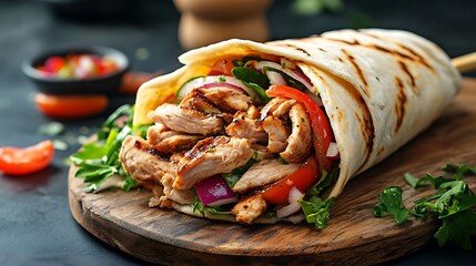 Doner kebab with grilled chicken meat salad onion in pita bread
