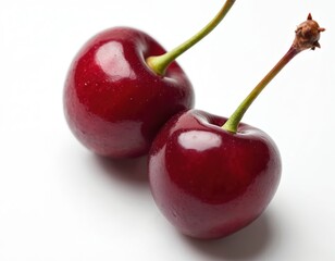 Two bright red cherries with green stems on clean white background. These ripe fruits offer sweet, tart flavor, perfect for healthy summer snacks, desserts, or as vegan, vegetarian dietary option.