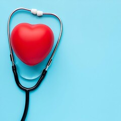 Red heart shaped object and stethoscope on a light blue background