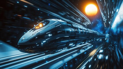 A futuristic high-speed train glides silently through space, illuminated by a vibrant sunrise on Earth's horizon. This concept showcases advanced technology for interplanetary travel.
