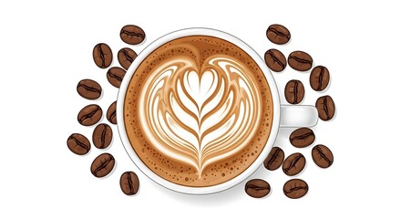 Obraz premium A cup of latte art with coffee beans isolated on white background