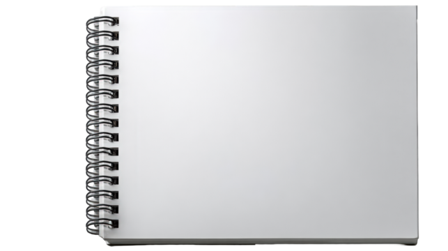 Vertical blank spiral notebook with clean white pages and a black metal coil binding.