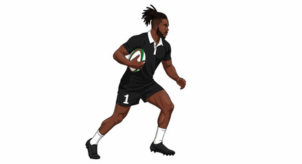 Obraz premium An illustration of a Black male rugby player with dreadlocks running with the ball in a black uniform.