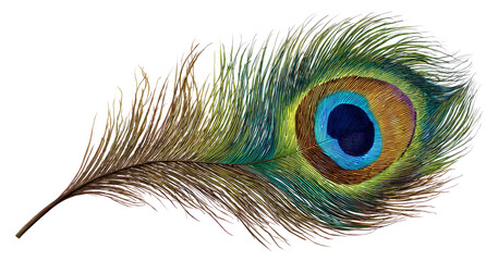 Fototapeta premium Vibrant Peacock Feather with Eye Pattern in Bright Colors on White Background