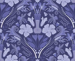 Raster illustration. Monochrome damask seamless repeat pattern with very peri color. Best for wallpaper and home decor.