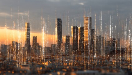 Futuristic city skyline at sunset with digital overlay