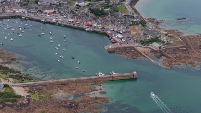 Aerial view of the village of Barfleur in the Cotentin Peninsula in Normandy France