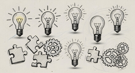 Set of lightbulbs gears and puzzle pieces