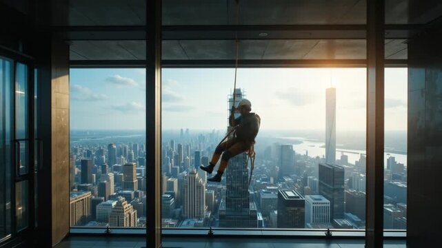 Window cleaner abseiling on a skyscraper, with scenic cityscape in background showcasing urban