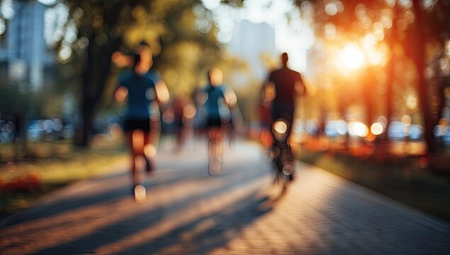 Blurry image of people jogging in a park at sunset