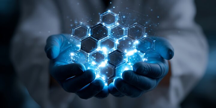 Scientist holding futuristic technology hexagon network innovation lab data blue future gloves modern.