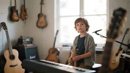 A young boy plays a saxophone in a music room filled with various instruments.