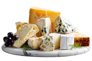 Assorted cheeses on a marble platter, various types and textures