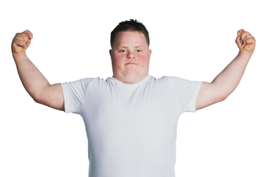 Proud boy with down syndrome flexing his arms