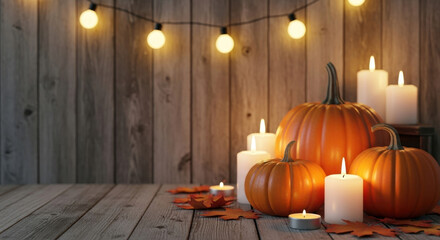 Warm glow of autumn pumpkins and candles illuminates rustic wooden background with string lights