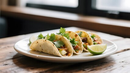 Three soft shell tacos garnished with cilantro and lime on a wooden table