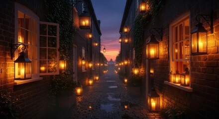 Illuminated Cobblestone Alleyway at Dusk with Lanterns and Warm Candlelight Glow.