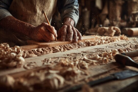 Close-up of a woodcarver meticulously shaping intricate details