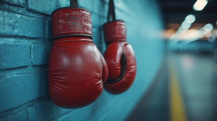 Boxing gloves hang on gym wall, symbolizing dedication to strength training and fitness lifestyle