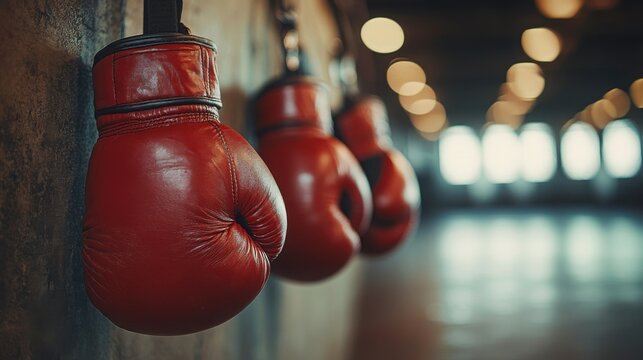 Hanging boxing gloves display the commitment to strength training in a gym. The environment is designed for serious fitness enthusiasts looking to enhance their skills. - Powered by Adobe