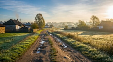 Obraz premium Rural Morning: Muddy Road Leading Through a Foggy Village at Sunrise