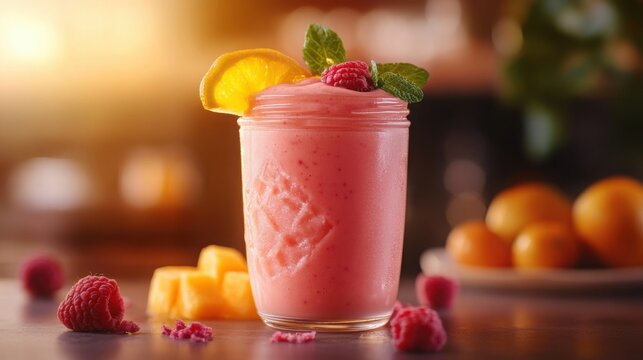 A colorful smoothie in a glass jar is surrounded by an array of fresh fruits, highlighting a wellness lifestyle. This vibrant display emphasizes health and vitality, perfect for nutritious living.