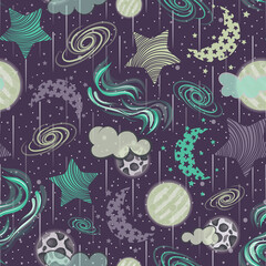 Raster illustration. Reaching to the skies. Glowing stars and Northern lights with moon, mars clouds and  milky way seamless repeat pattern. Perfect for your dreamy bedding and home decor.