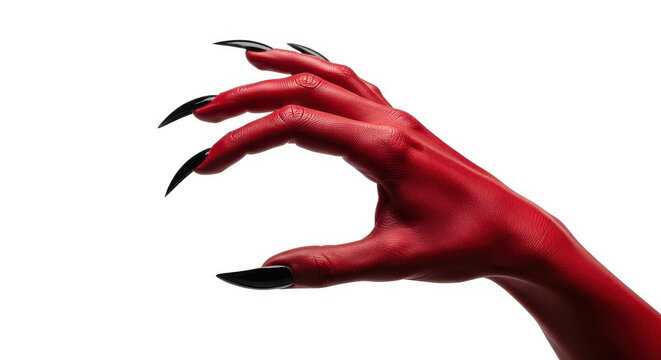 Sinister red demon hand with sharp black claws reaching out against a white background