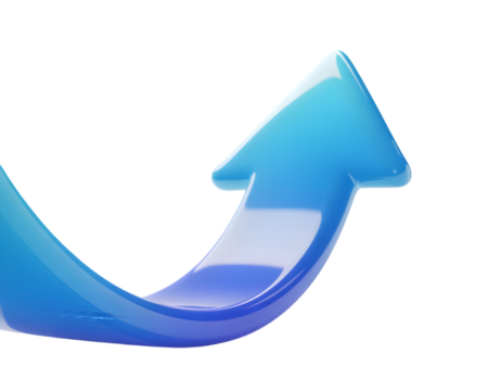 Blue arrow pointing up symbolizing growth and success isolated on transparent background