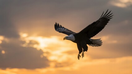 Obraz premium A majestic bald eagle soars gracefully against a vibrant sunset sky.