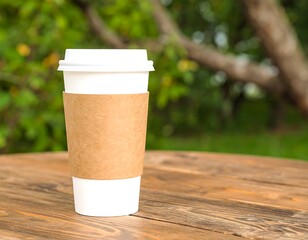 Disposable coffee cup on a wooden table outdoors