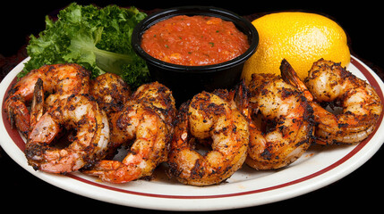 Deliciously Spiced Grilled Shrimp Served with Fresh Greens, Zesty Salsa, Lemon Wedge on a Rustic Plate